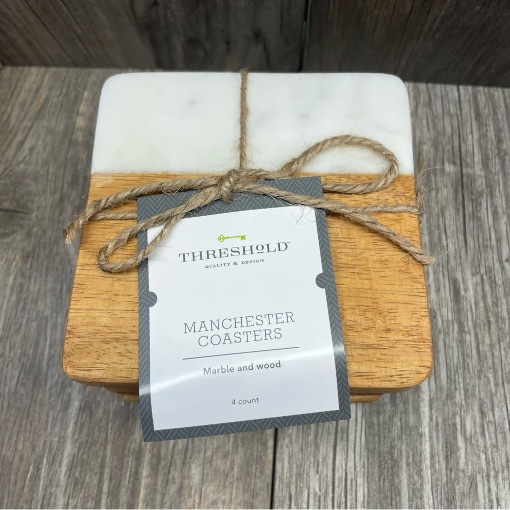 Threshold Quality & Design Set of 4 Manchester Marble & Wood Coasters NEW